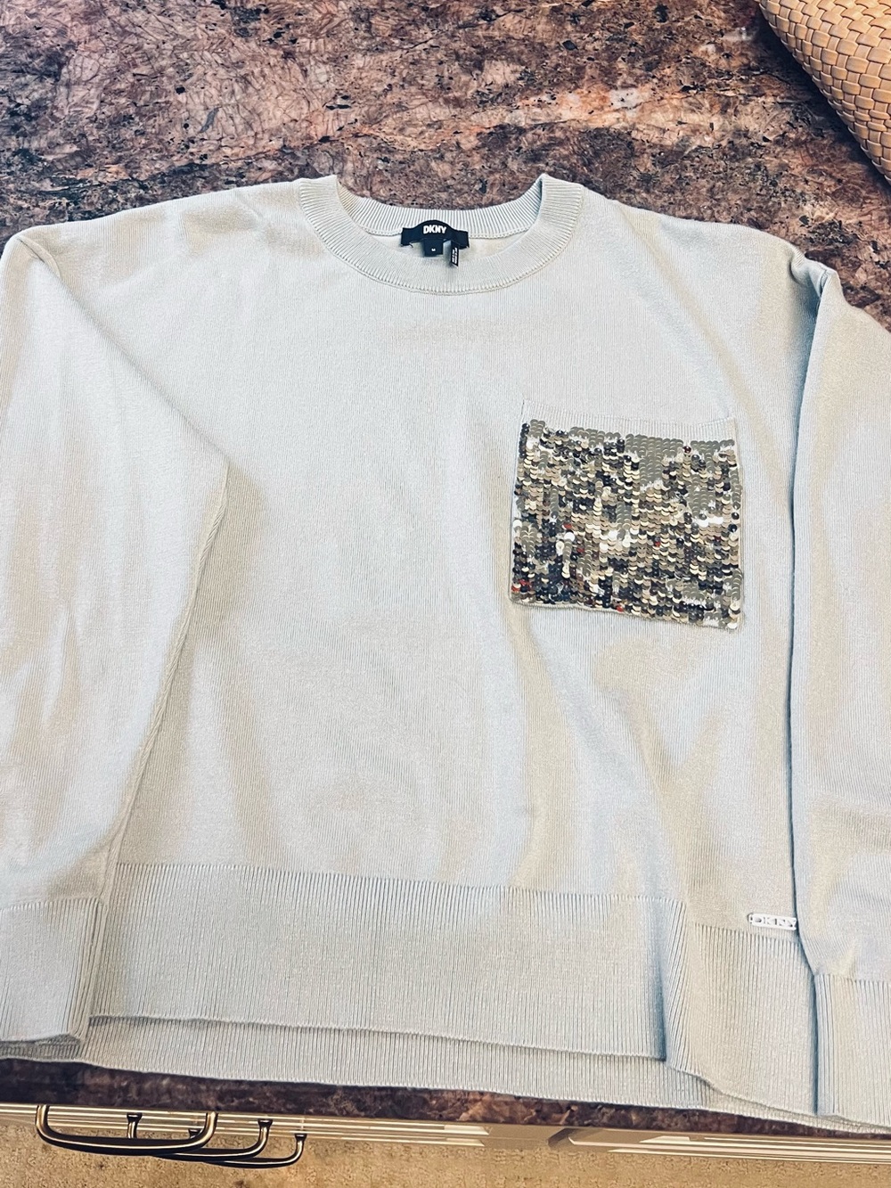 DKNK women’s   Light Blue Sequin Pocket Crewneck Sweater